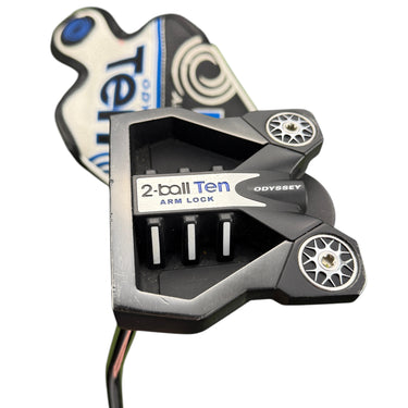 Mega Golf Odyssey 2-Ball Ten Armlock putter, 40'' steel shaft, left hand, with headcover. Black and silver.