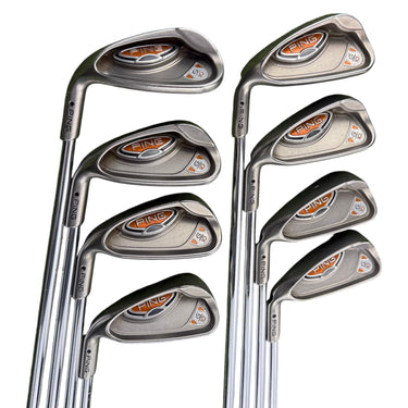Mega Golf Ping G10 irons 4-PW-SW, left-handed, steel shafts, regular flex, orange accents.