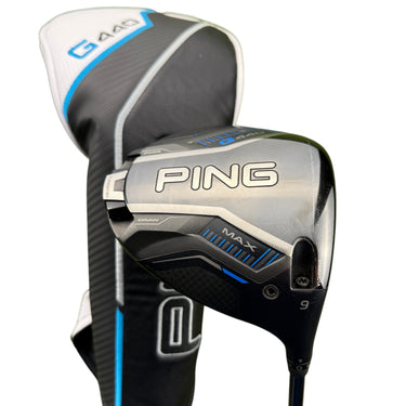 Mega Golf Ping G440 Max driver with 9° loft, black and blue graphite shaft, and headcover.