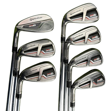 Mega Golf Taylormade M6 irons 5-PW-AW, left-handed with KBS Max 85 Regular steel shafts and Lamkin grips.