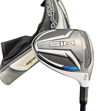 Taylormade Sim Max 3 wood with 15° loft and Ventus Blue graphite shaft. Right-handed golf club with a black and silver head and blue accents.