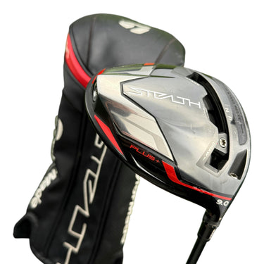 Mega Golf Taylormade Stealth Plus driver with 9° loft, Hzrdus Red Rdx Smoke shaft, and black headcover.