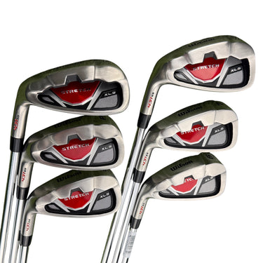 Wilson Stretch XLS irons set (6-PW-SW) for left-handed golfers, featuring steel shafts and regular flex. Silver with red and black accents.