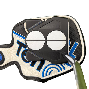 Mega Golf Odyssey 2-Ball Ten Armlock putter with white headcover featuring blue lettering. Left-handed, 40'' steel shaft.