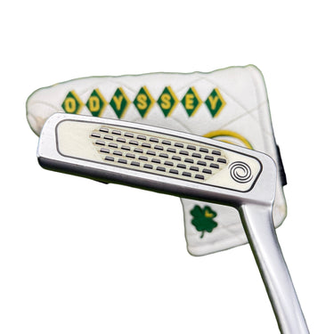Mega Golf Odyssey Stroke Lab Nine putter, 34-inch, left-handed, with a silver steel shaft and white insert.