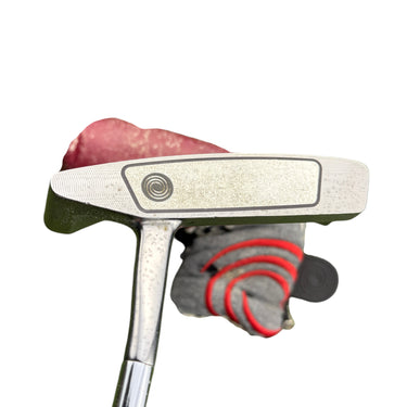 Mega Golf Odyssey White Ice #6 34" right-handed steel shaft golf putter with grey and red headcover.