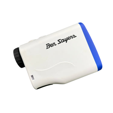 Mega Golf Ben Sayers LX600 white golf rangefinder with blue accents and black grip.