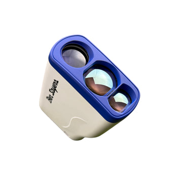 Mega Golf Ben Sayers LX600 rangefinder, white and blue, with multiple lenses for golf course measurement.